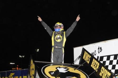 Justin Henderson celebrates his Friday win at Knoxville (Rob Kocak Photo)