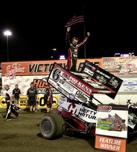 Kaleb Johnson won the opening night 410 feature at Huset's Sunday (Tylan Porath Photo)