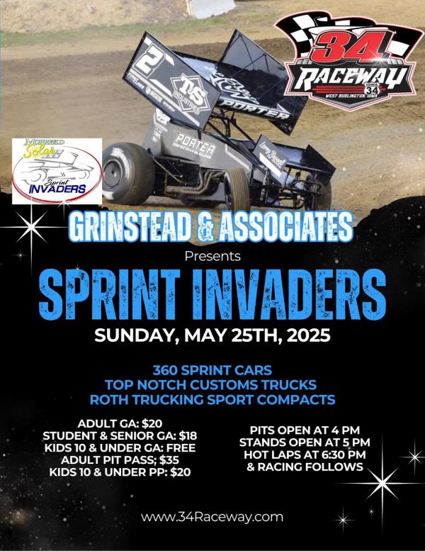 Traditional Memorial Weekend Sprint Invaders Stop is Sunday at 34 Raceway!