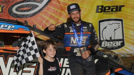 Justin Grant and his son celebrate Sunday's Action Track USA victory and USAC Eastern Storm championship. (Lee Greenawalt Photo) (Video Highlights from FloRacing.com)