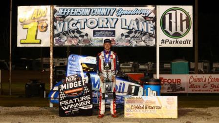 Cannon McIntosh captured the Midwest Midget Championship for USAC NOS Energy Drink National Midgets on Saturday night at Fairbury, Nebraska's Jefferson County Speedway. (Rich Forman Photo) (Video Highlights from FloRacing.com)