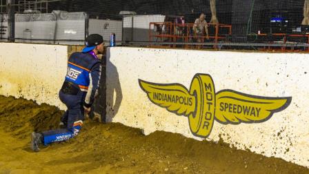 Justin Grant (Ione, California) celebrates his victory by kissing the bricks at The Dirt Track at Indianapolis Motor Speedway following Thursday night's USAC NOS Energy Drink Indiana Sprint Week Presented by Honest Abe Roofing opener. (Steve Koletar Photo) (Video Highlights from FloRacing.com)