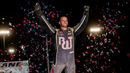 Robert Ballou is jubilant after his first USAC AMSOIL Sprint Car National Championship feature victory in 14 months following round two of USAC NOS Energy Drink Indiana Sprint Week Presented by Honest Abe Roofing on Friday night at Honest Abe Roofing Lincoln Park Speedway. (Indy Racing Images Photo) (Video Highlights from FloRacing.com)