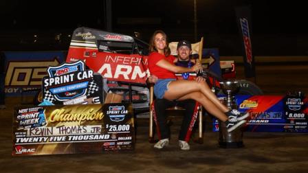 2025 USAC NOS Energy Drink Indiana Sprint Week Presented by Honest Abe Roof champion Kevin Thomas Jr. celebrates with his wife, Whitney, following his victory on Saturday night at Haubstadt's Tri-State Speedway. (Rich Forman Photo) (Video Highlights from FloRacing.com)