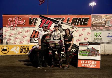 Ryan Timms won his fourth feature of the year at Huset's Sunday (Tylan Porath Photo)