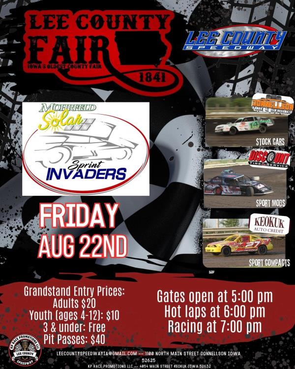 Lee County Speedway Friday for Mohrfeld Solar Sprint Invaders!
