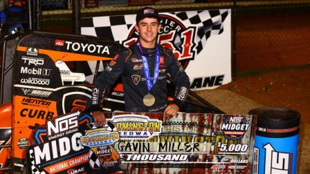Allentown, Pennsylvania's Gavin Miller captured the victory in Friday night's USAC NOS Energy Drink Midget National Championship feature at Indiana's Bloomington Speedway. (Rich Forman Photo) (Video Highlgihts from FloRacing.com)