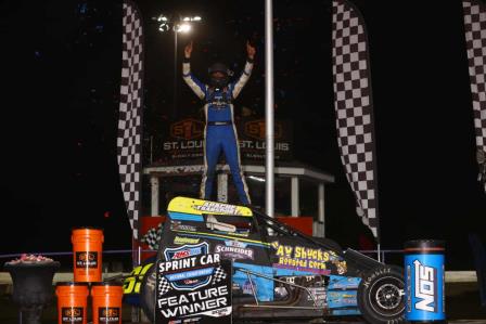 Briggs Danner captured victory with the USAC AMSOIL Sprint Car National Championship on Friday night at Tri-City Speedway in Granite City, Illinois. (Rich Forman Photo) (Video Highlights from FloRacing.com)