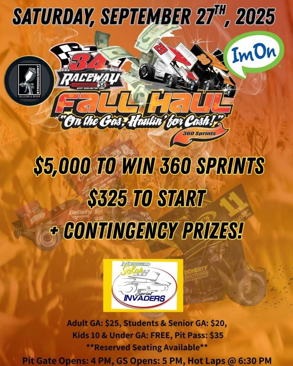 Sprint Invaders Reap Annual “Fall Haul” at 34 Raceway This Saturday!