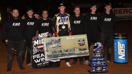 Daison Pursley & the CB Industries crew stand in victory lane following their Hangtown 100 victory at California's Placerville Speedway on Saturday night. (Matt Sublett Photo) (Video Highlights from FloRacing.com)