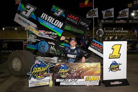 Corey Day won the High Limit opener at Perth (Richard Hathaway Photo) (Video Highlights from FloRacing.com)