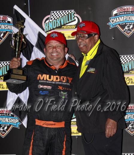 Danny Lasoski held them off to win feature #108 at Knoxville Saturday (Gordy O'Field Photo)