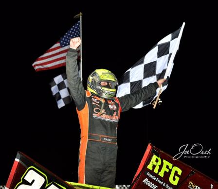 TMAC celebrates his I-80 Dirt Classic win (Joe Orth Photography)