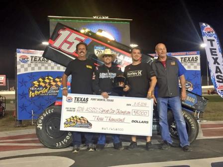 Sam and the team celebrate their win Friday at TMS (Texas Motor Speedway PR/ASCS Photo)