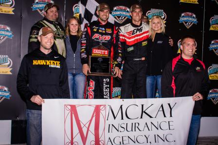 Brian Brown won Saturday's 410 feature at Knoxville.  He's flanked by Corey Kautz the 305 winner (L) and 360 winner Justin Henderson (R) (Julie Ann Photography)