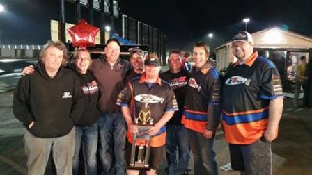 The Jimco Racing #13 team celebrates their Silver Shootout win at Badlands Motor Speedway