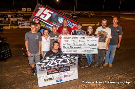 Sam and the team in Victory Lane at Lonestar Speedway (Patrick Grant Photography)