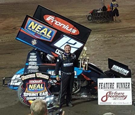 Jerrod is all smiles in Victory Lane at Tri-State Speedway (MOWA Photo)