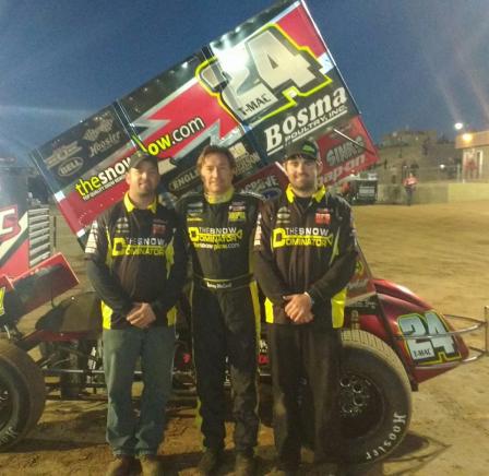 TMAC poses at Cocopah Speedway with Kevin Hetrick (L) and crew chief DJ Brink.