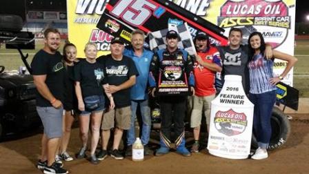 Sam and the team in Victory Lane in Wheatland (Terry Ford for ASCS Photo)