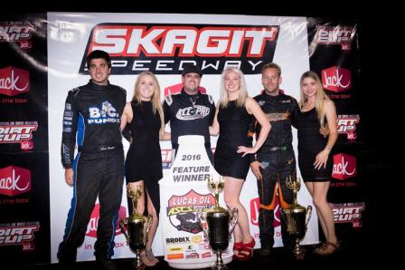 Sam in Victory Lane with Aaron Reutzel (L) and Seth Bergman (R) (Lisa Dynes for ASCS Photo)