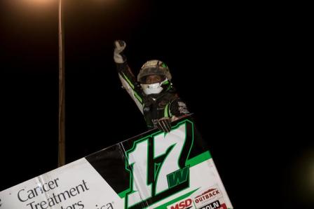 Bryan with the wing dance after his Ohio Speedweek win at Sharon (Vince Vellello Photo for the All Stars)