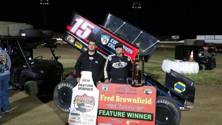 Sam and Ryan Beechler celebrate their Fred Brownfield Classic win in Elma (Ward Worthy for ASCS Photo)