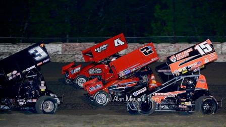 Sam in heavy traffic with Sammy Swindell (3), Austin Mundie (4) and Wayne Johnson (2c) at RPM Speedway (Alan Messick/RPM Speedway Photo) 