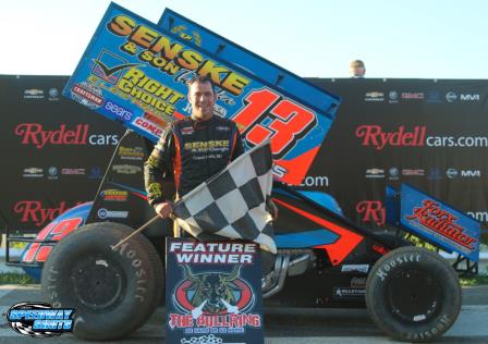 Mark in Victory Lane for the first of two feature wins at River Cities Friday (Mike Spieker – Speedway Shots)