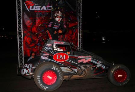 Brady celebrates his win at Lakeside (Rich Forman/USAC Photo)