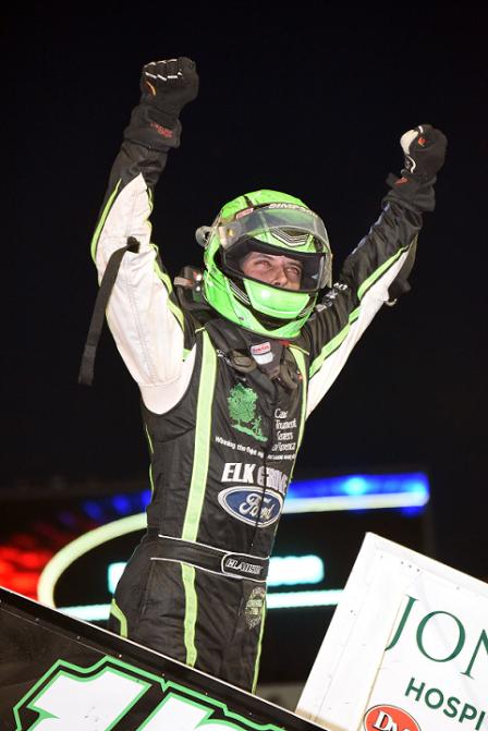 Bryan celebrates his ASCS win at Badlands (Jeff Bylsma Photo)