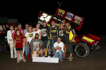TMAC celebrates his win at the Hancock County Speedway