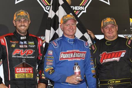 Clint Garner won the 360 Nationals at Knoxville Saturday night ahead of Brian Brown (L) and Wayne Johnson (R) (DB3 Imaging)