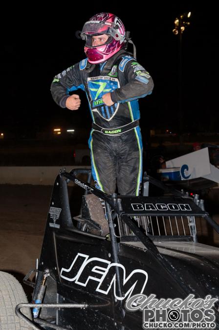 Brady poses in Victory Lane at Hanford (Chuck Fry – Chucko’s Photos)