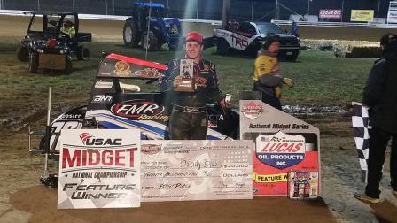 Brady celebrates his $20,000 Jason Leffler Memorial win (Patrick Davis Photo)