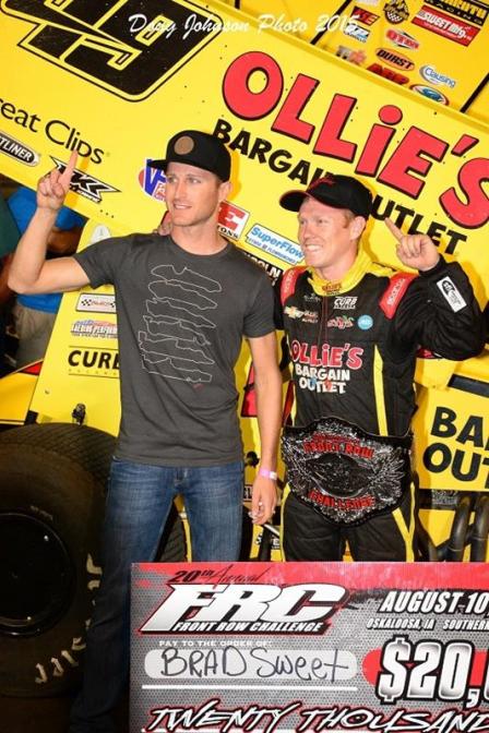 Brad Sweet with car owner Kasey Kahne after winning the $20,000 Front Row Challenge (Doug Johnson Photo)