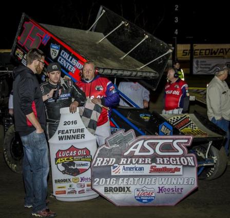 Sam talks with Bryan Hulbert after winning night #1 at Creek County (Brad Harris/ASCS Photo)