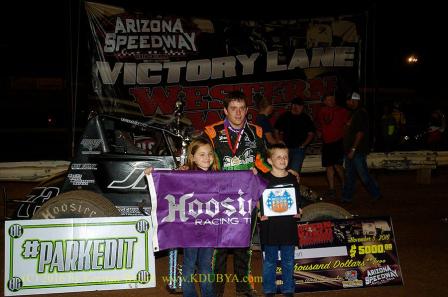 Brady celebrates his win with the USAC Southwest Series Saturday (Keenan Wright – www.KDUBYA.com Photo)