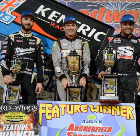 Kerry Madsen won the Australian Open at Archerfield Speedway Saturday over Donny Schatz (R) and James McFadden (L) (Archerfield Speedway PR)