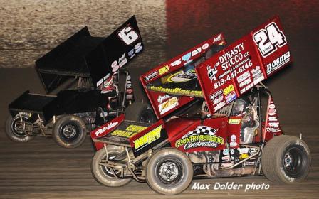Carson rides the cushion while Terry runs the low side at East Bay (Max Dolder Photo)