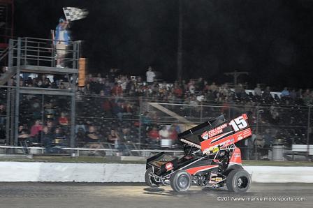 Sam crosses the finish line to sweep the weekend at Devil’s Bowl (Carey Akin/ www.ManvelMotorsports.com Photo)