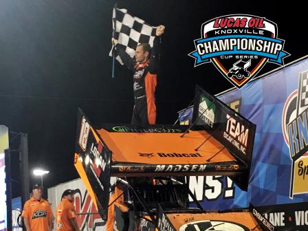 Ian Madsen celebrates his feature win and 410 championship at Knoxville (Knoxville Raceway Photo)