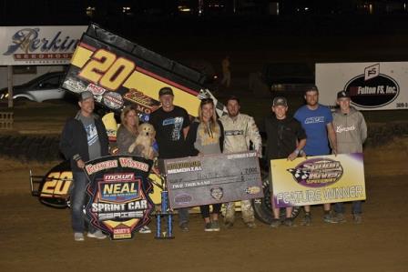 Hunter Schuerenberg tames the high banks of the Spoon River Speedway in taking the Tom Knowles Memorial (Mark Funderburk Racing Photo)