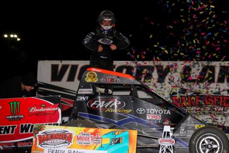 Brady celebrates his Bakersfield USAC National Midget triumph (Rich Forman/USAC Photo)