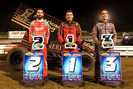 Kerry Madsen beat James McFadden and Carson Macedo to the stripe in WSS action December 28 at Borderline Speedway (WSS Photo)
