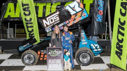 (Photo: Sheldon Haudenschild celebrates All Star victory with family at Bubba Raceway Park - Vince Vellella Photo Credit)