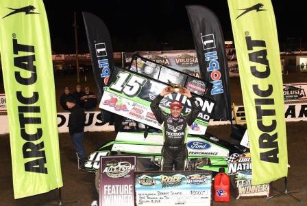 Donny Schatz holds up another gator in Volusia Speedway Park victory lane - Paul Arch Photo Credit