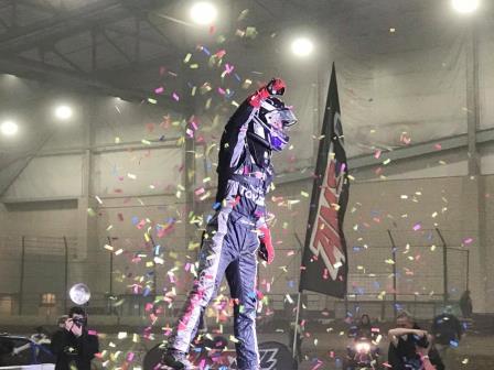 Logan Seavey celebrates his first USAC National Midget win at the Shamrock Classic Saturday (Dirtman Photography)