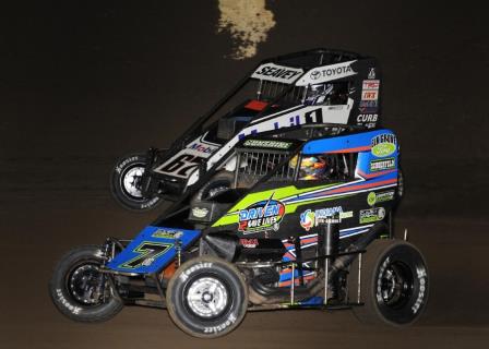 #7BC Tyler Courtney battles #67 Logan Seavey for the lead Friday night during the "Kokomo Grand Prix" at Kokomo (Ind.) Speedway.(Travis Branch Photo)