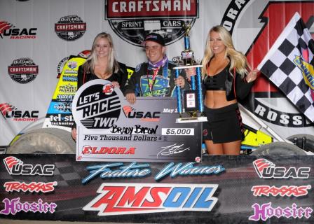 Brady Bacon celebrates his #LetsRaceTwo Night #1 victory Friday night at Eldora Speedway (Travis Branch Photo)